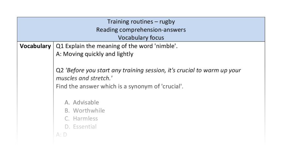 Reading comprehension - vocabulary - Training routines - rugby - answers