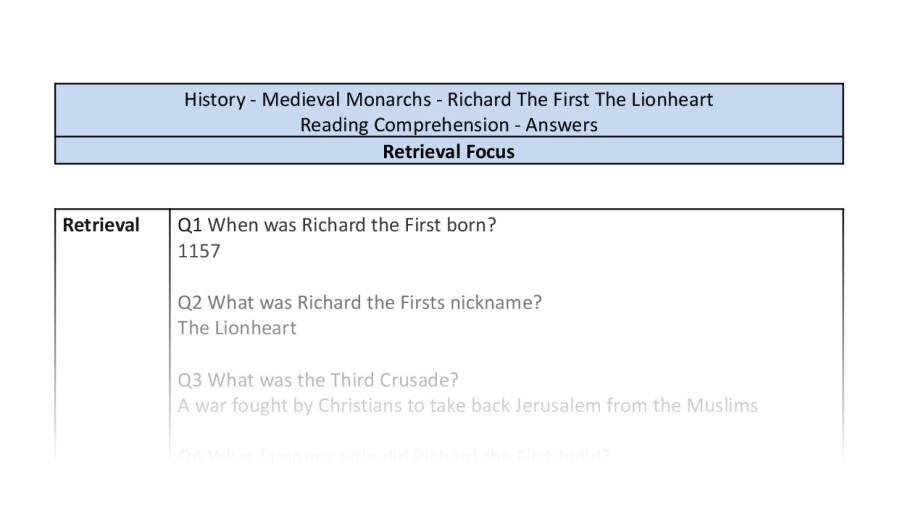Reading Comprehension - Richard The First The Lionheart - Retrieval Focus