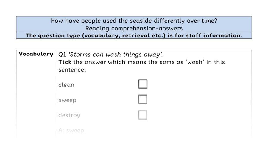 Reading comprehension - VRSIPE -how the seaside was used differently over time - answers