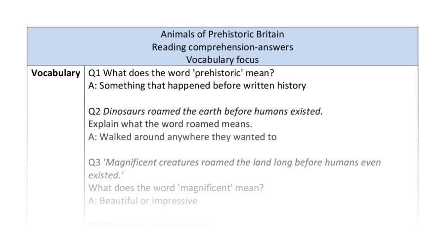 Reading comp-vocabulary-animals of prehistoric Britain - answers