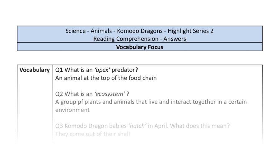 Reading Comprehension - Komodo Dragon - Highlight Series 2 - Vocabulary Focus