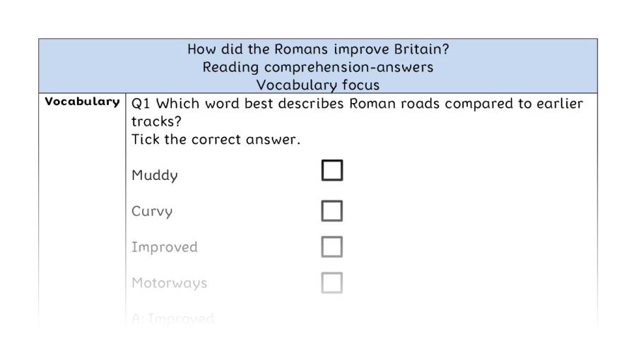 Reading comprehension - vocabulary - How did the Romans improve Britain - answers