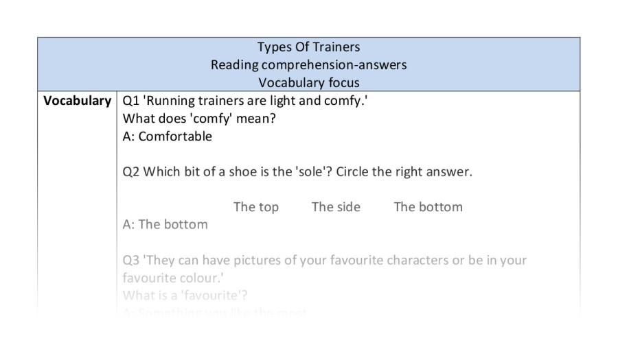 Reading comprehension - vocabulary - Types Of Trainers