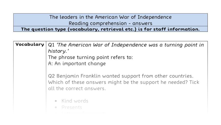Reading comp - VRSIPE - The leaders in the American War of Independence - answers
