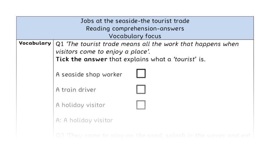 Reading comprehension - vocabulary - Jobs at the seaside-the tourist trade - answers
