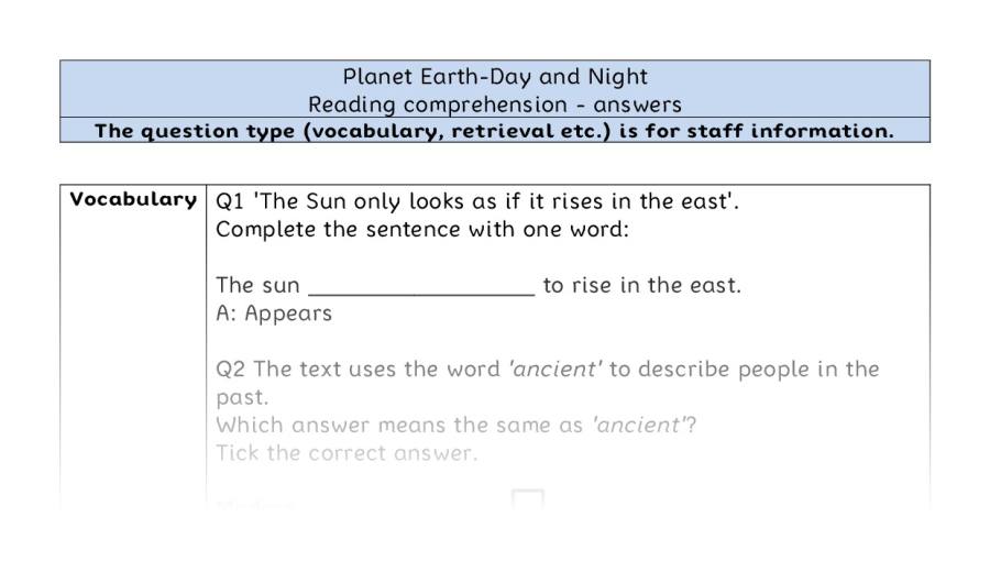 Reading comprehension VRSIPE - Planet Earth-Day and Night - answers