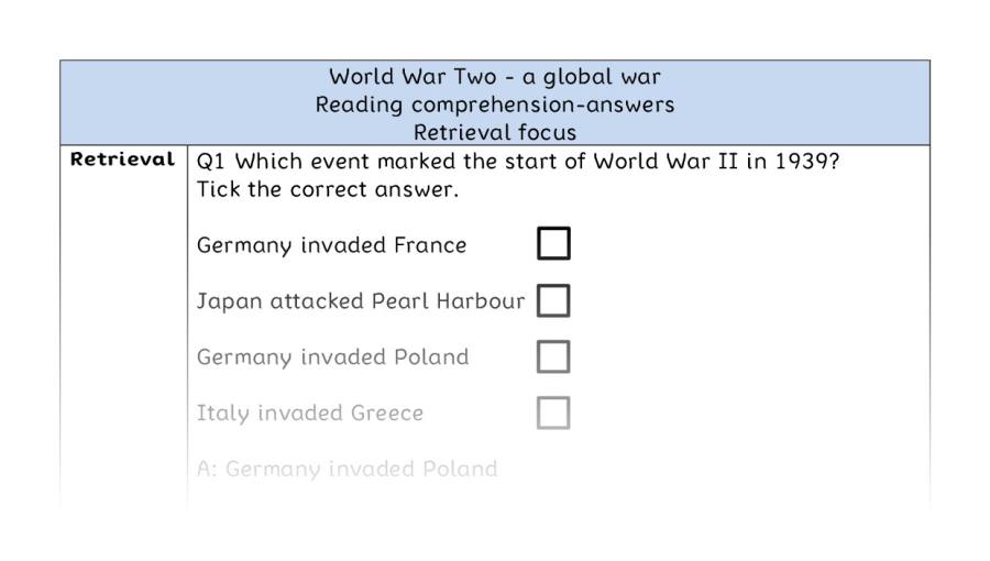 Reading comprehension - retrieval - World War Two - a global war - answers