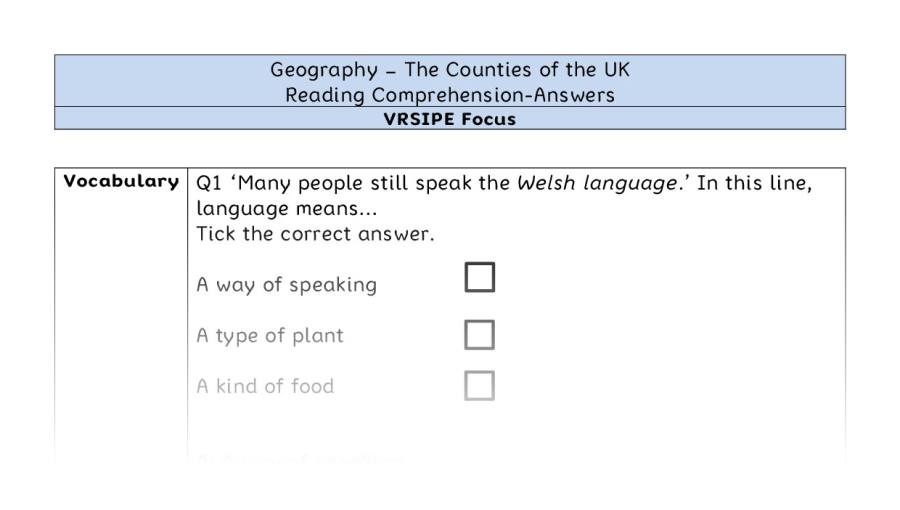 The Counties of the UK - Reading Comprehension Answers - VRSIPE Focus