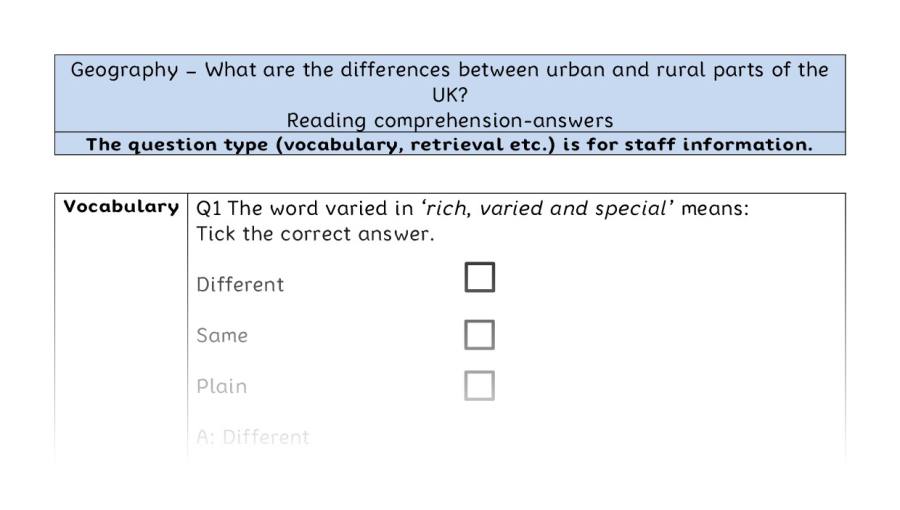 Reading comp-VRSIPE-differences urban and rural parts of UK - answers