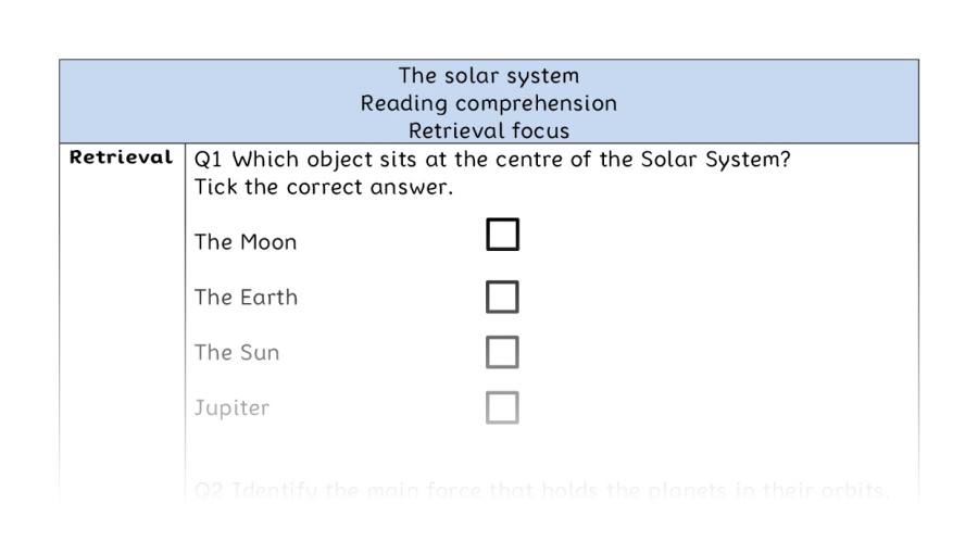 Reading comprehension - retrieval - The solar system