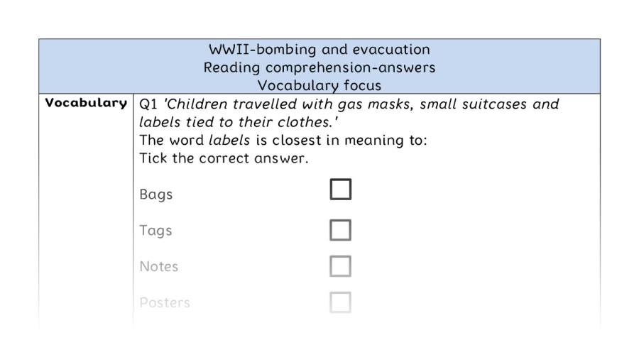 Reading comprehension - vocabulary - WWII-bombing and evacuation - answers