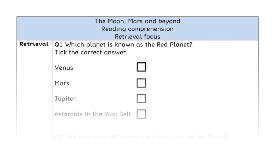 Reading comprehension - retrieval - The Moon, Mars and beyond