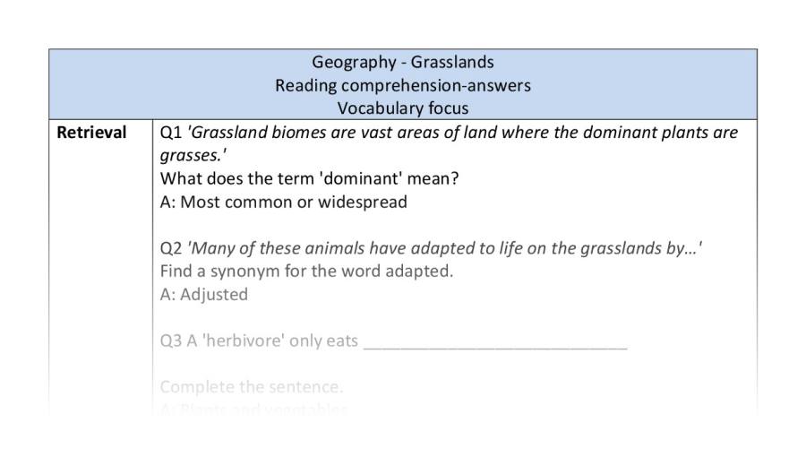 Reading comprehension - vocabulary - grasslands