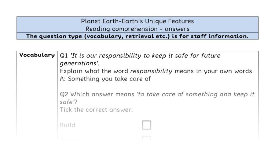 Reading comprehension VRSIPE - Planet Earth-Earths Unique Features - answers