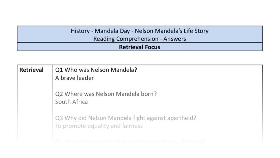 Reading Comprehension - Nelson Mandelas Life Story - Retrieval Focus