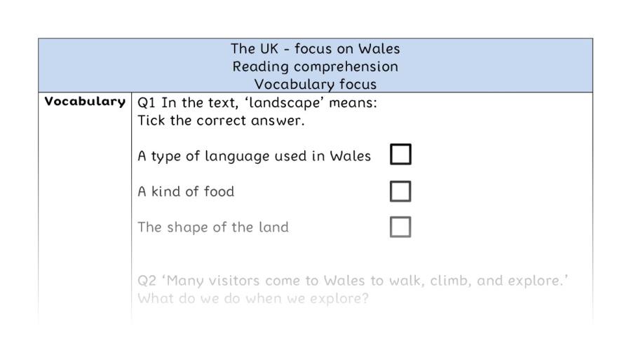 Reading comprehension - vocabulary - The UK - focus on Wales