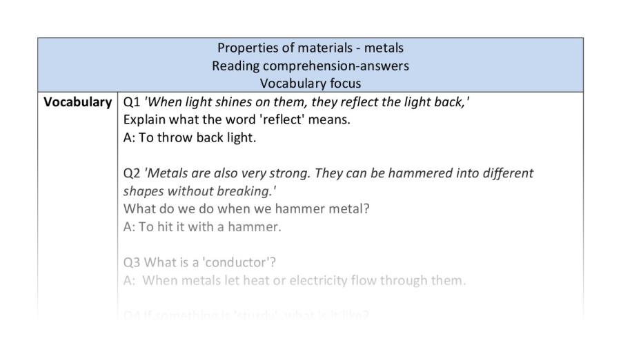 Reading comp-vocabulary-properties of materials-metals