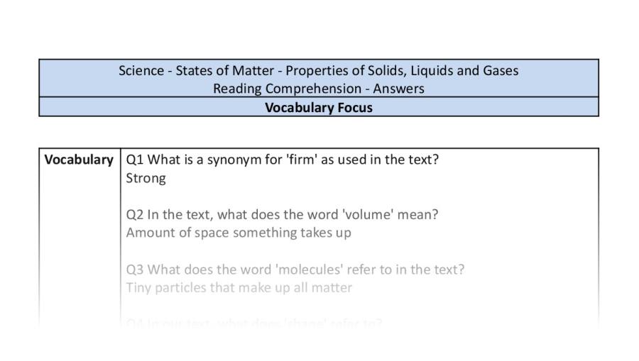 Reading Comprehension - Properties of Solids, Liquids and Gases - Vocabulary Focus