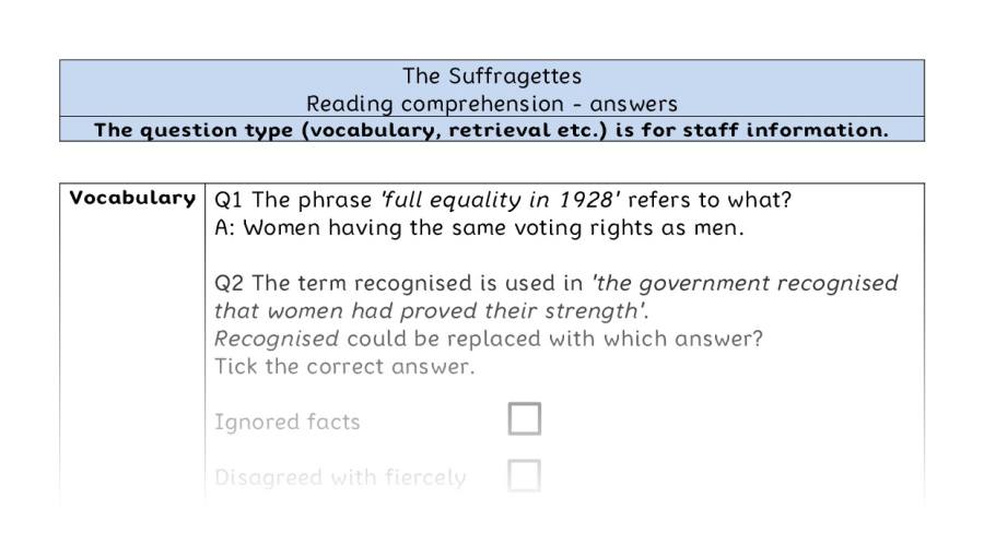 Reading comprehension - VRSIPE - The Suffragettes - answers