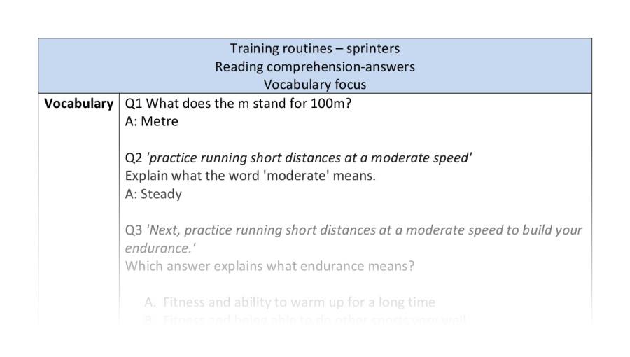 Reading comprehension - vocabulary - Training routines - sprinters - answers