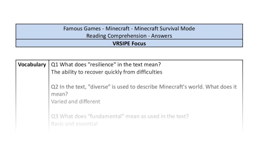 Reading Comprehension - Minecraft Survival Mode - VRSIPE Focus