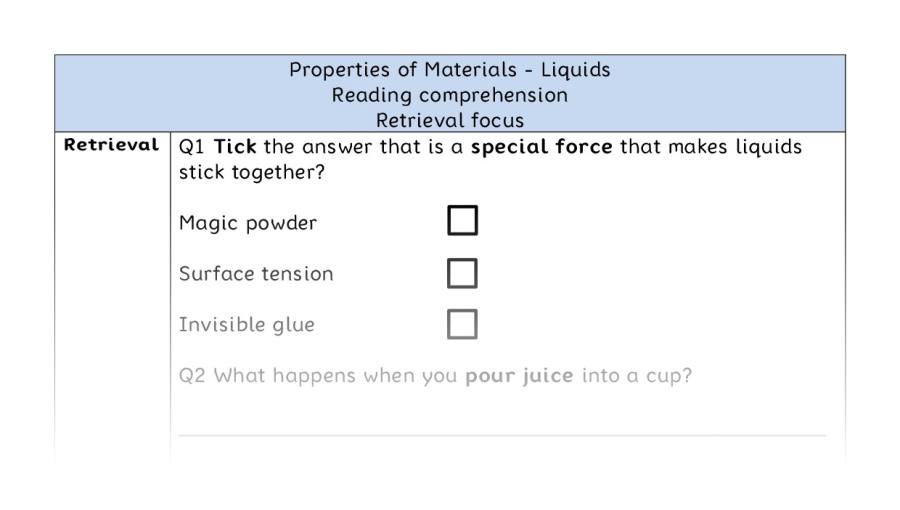 Reading comprehension - retrieval - Properties of Materials - Liquids