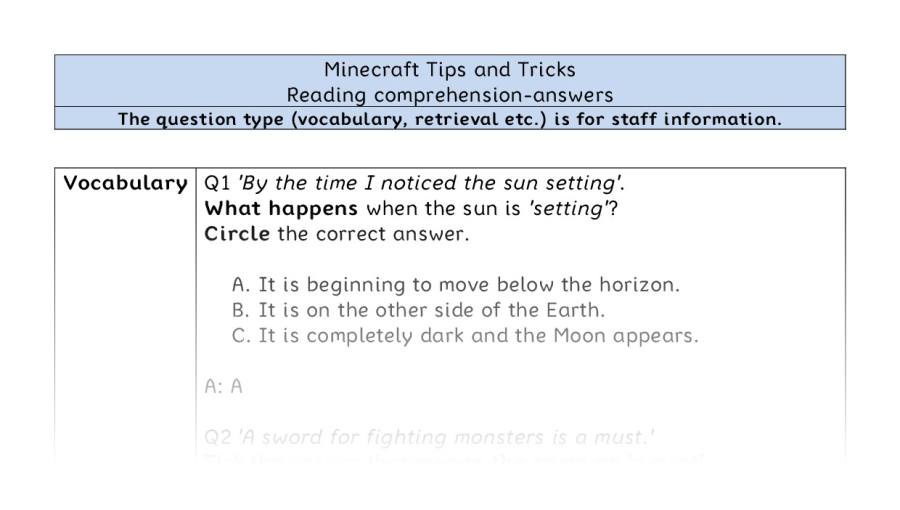 Reading comprehension-Minecraft Tips and Tricks-VRSIPE - answers