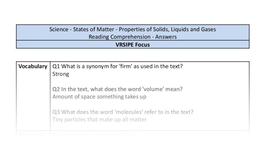 Reading Comprehension - Properties of Solids, Liquids and Gases - VRSIPE Focus