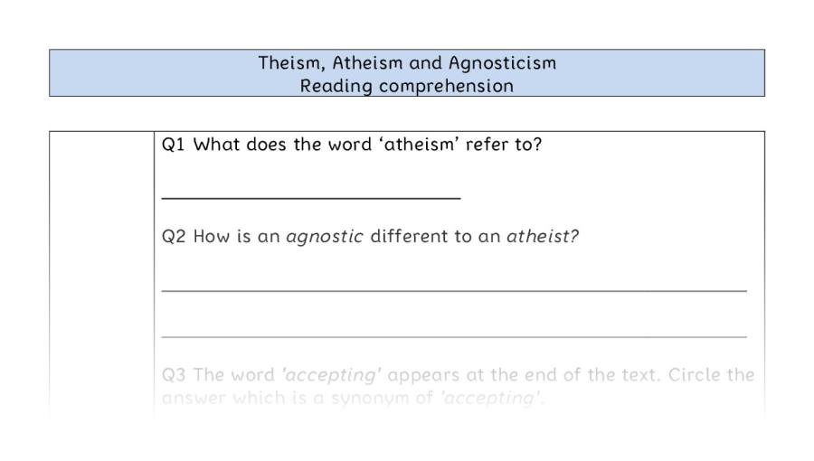 Reading comprehension - VRSIPE - Theism, Atheism and Agnosticism