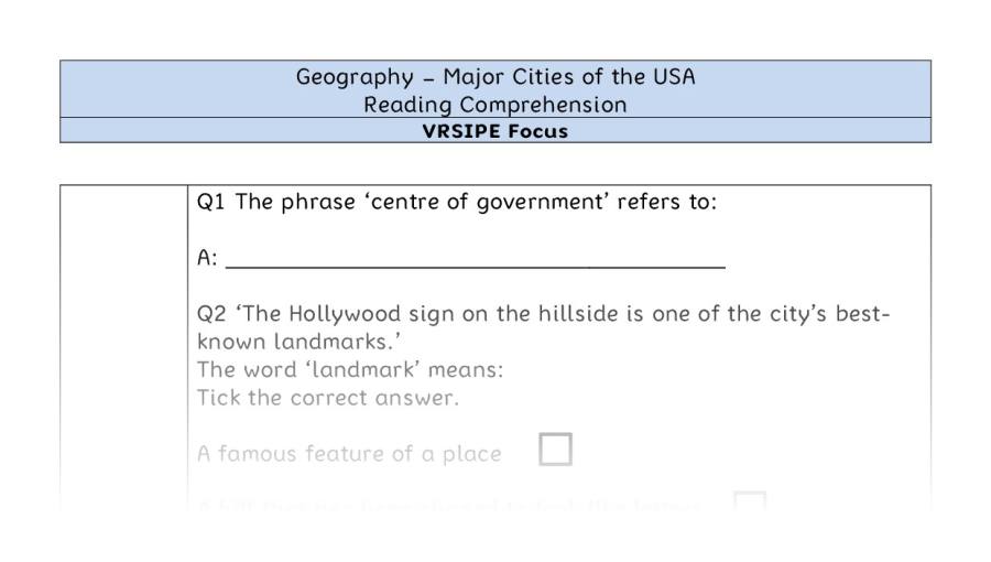 Major Cities of the USA - Reading Comprehension - VRSIPE Focus