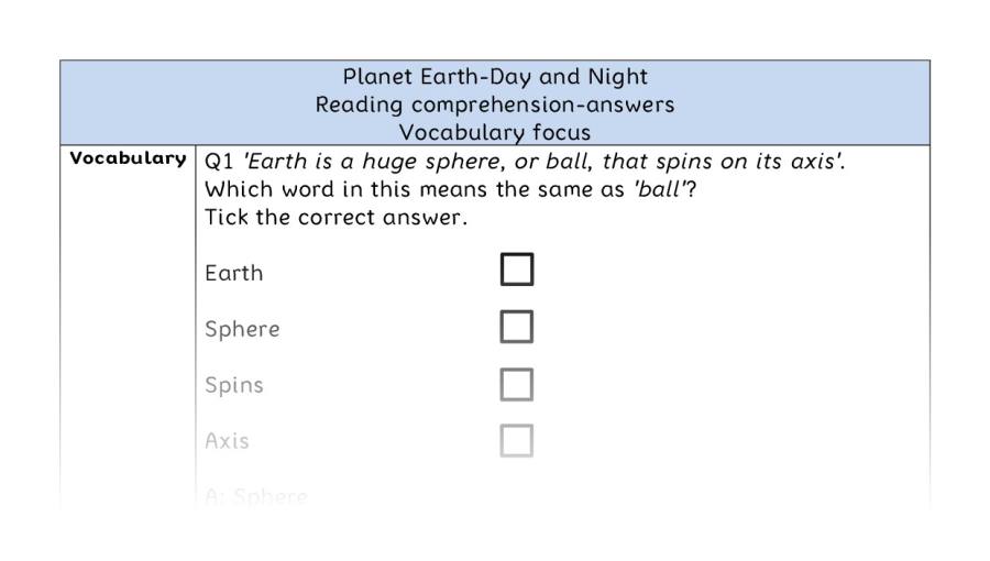 Reading comprehension - vocabulary - Planet Earth-Day and Night - answers