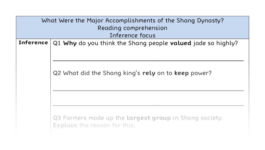 Reading comp-inference-Major Accomplishments Shang Dynasty