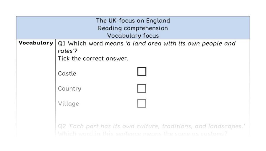 Reading comprehension - vocabulary - The UK-focus on England