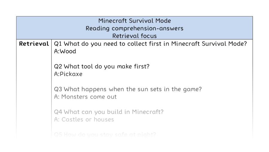 Reading comprehension-Minecraft Survival Mode-retrieval - answers