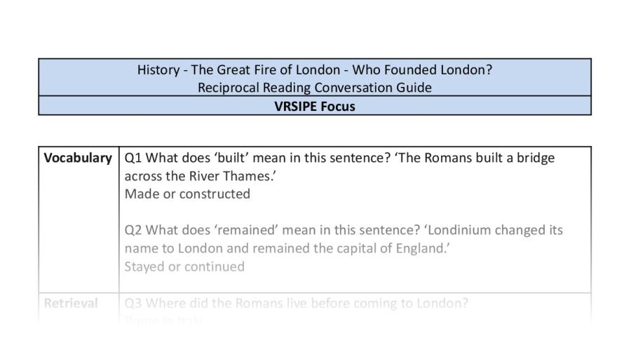 Reciprocal Reading Conversation - Who Founded London - VRSIPE Focus