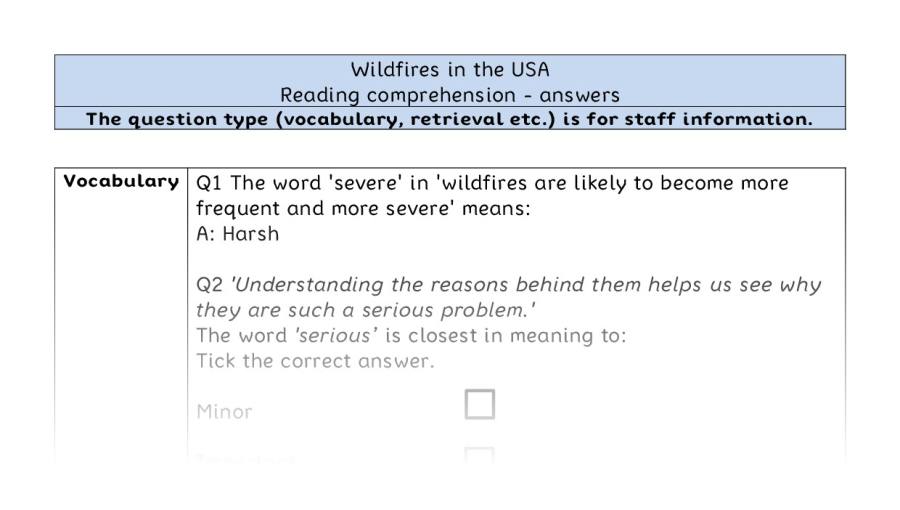 Reading comprehension - VRSIPE - Wildfires in the USA - answers
