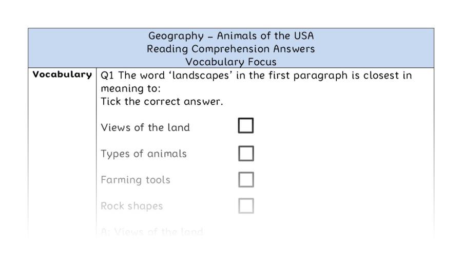 Animals of the USA - Reading Comprehension Answers - Vocabulary Focus