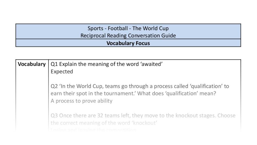 Reciprocal Reading Conversation - The World Cup - Vocabulary Focus