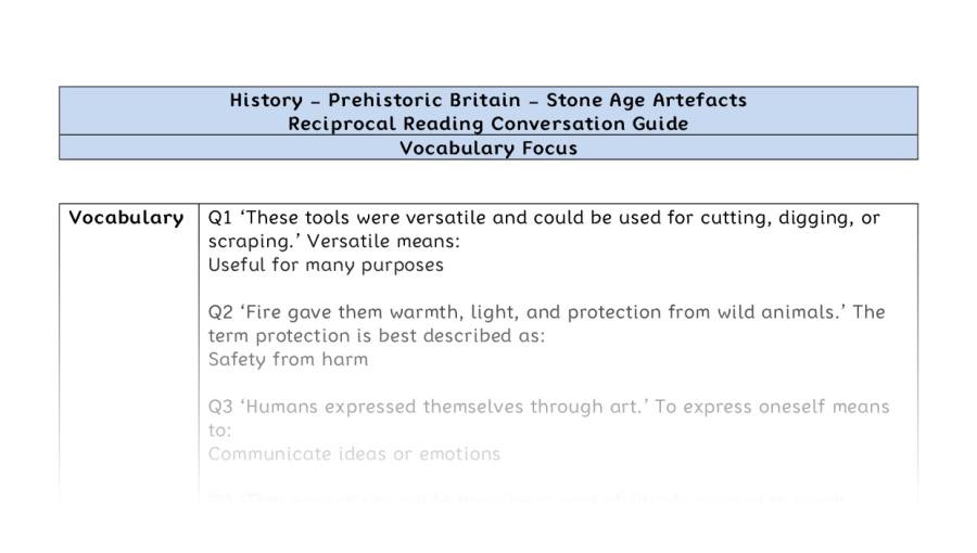 Reciprocal Reading Conversation - Stone Age Artefacts - Vocabulary Focus