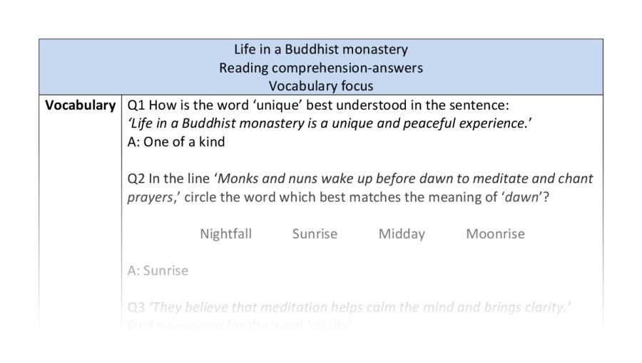 Reading comprehension - vocabulary - Life in a Buddhist monastery