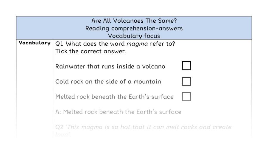 Reading comprehension - vocabulary - Are All Volcanoes The Same - answers