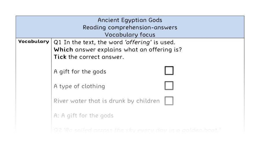 Reading comprehension - vocabulary - Ancient Egyptian Gods - answers