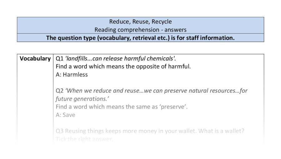 Reading comprehension - VRSIPE - Reduce, Reuse, Recycle
