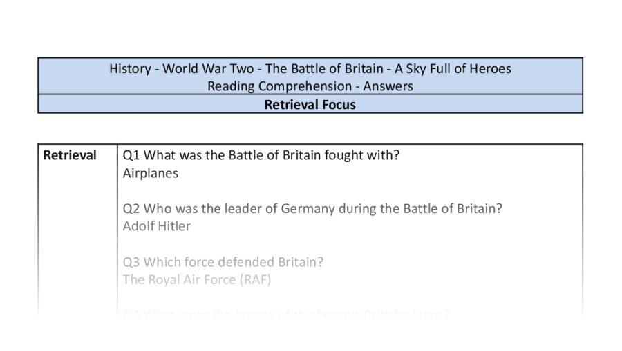 Reading Comprehension - The Battle of Britain - A Sky Full of Heroes - Retrieval Focus