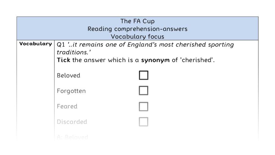 Reading comprehension - vocabulary - The FA Cup - answers