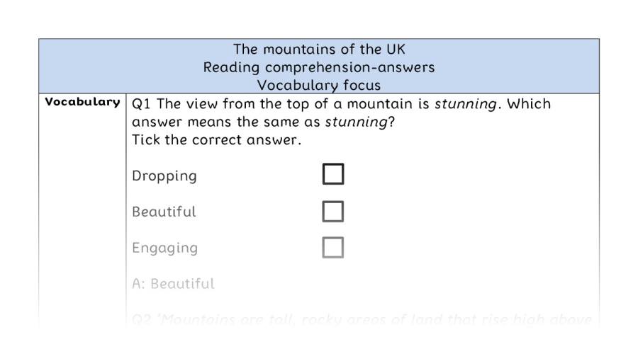 Reading comprehension - vocabulary - The mountains of the UK - answers