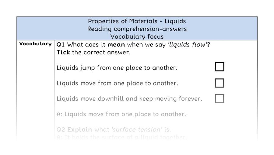 Reading comprehension - vocabulary - Properties of Materials - Liquids - answers