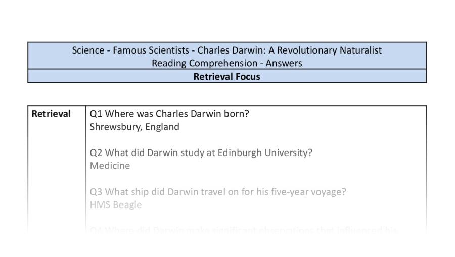 Reading Comprehension-Charles Darwin-A Revolutionary Naturalist-Retrieval Focus-answers