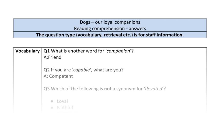Reading comprehension - Dogs our loyal companions - VRSIPE - answers