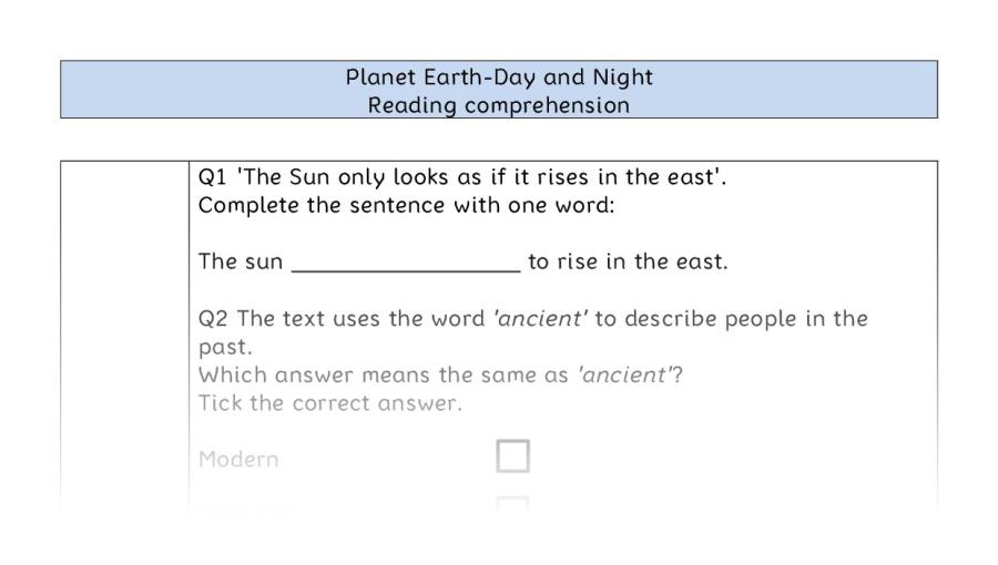 Reading comprehension VRSIPE - Planet Earth-Day and Night